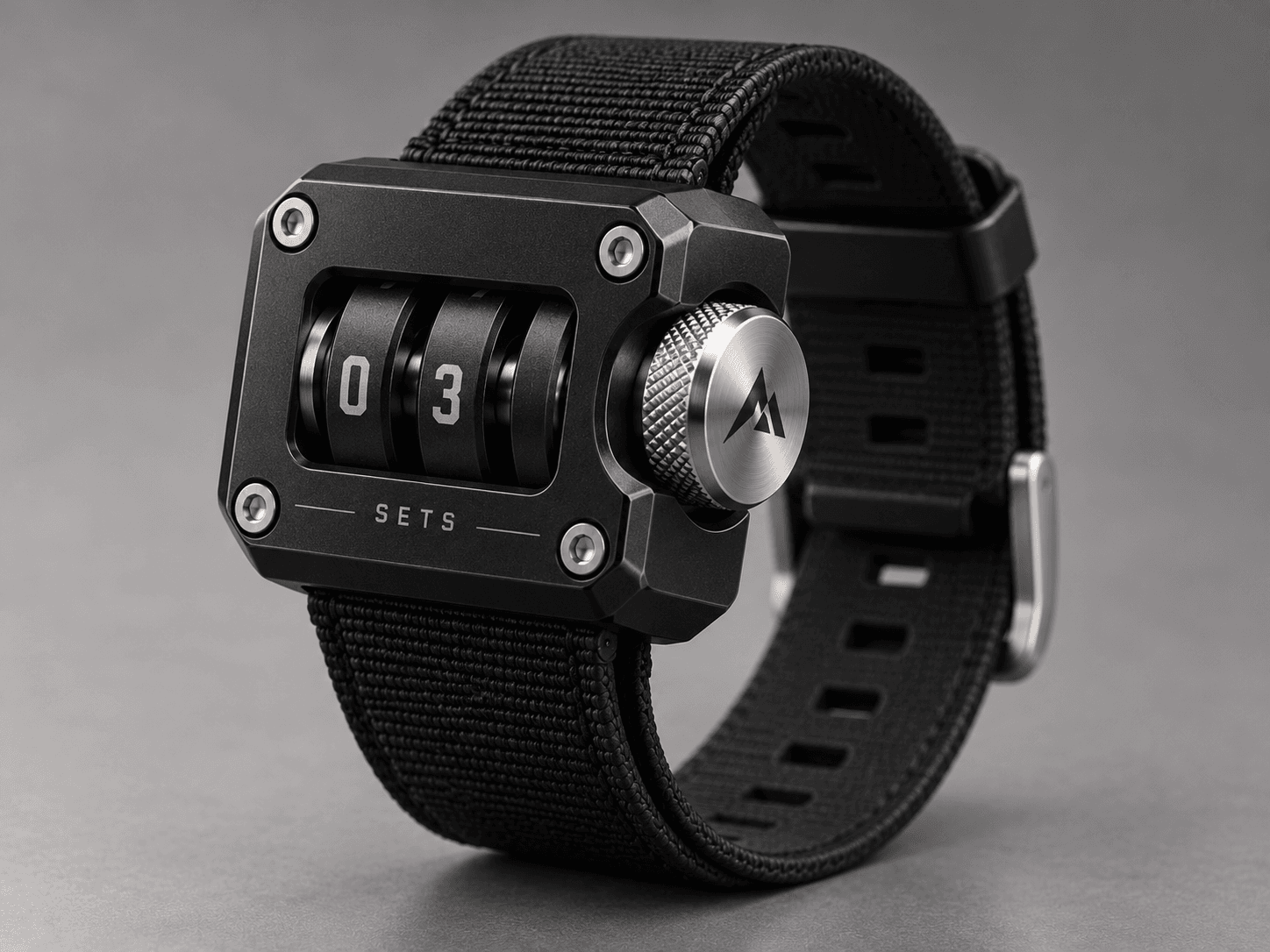 Concept rendering of The Wrist Counter: a compact black metal counter module showing 03 in a two-digit roller window, with a knurled side control, on a black woven strap.
